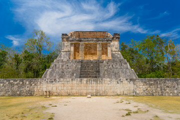 Temple of the Bearded Man at the end of Great Ball Court for playing pok-ta-pok near Chichen Itza pyramid, Yucatan, Mexico. Mayan civilization temple ruins, archeological site