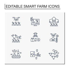 Smart farm line icons set. Digital technologies in agriculture. Manufacturing of products. Monitoring plants and domestic animals. Business concept. Isolated vector illustrations. Editable stroke