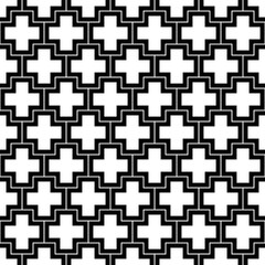 Repeated white figures and lines on black background. Crosses wallpaper. Seamless surface pattern design with polygons. Mosaic motif. Digital paper for page fills, web designing, textile print. Vector