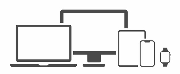 Device Icons set. Set technology devices icon. Electronic devices vector icon. Smartwatch, smartphone, tablet, laptop, desktop computer and tv. Vector illustration