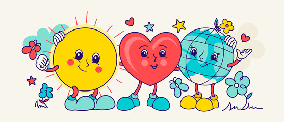 Naive groovy smiling friends together: sun, Earth planet, earth. Poster or retro fun cartoon print, hippie poster. Children elements. Cute kind sunshine vector illustration for tee, t shirt.