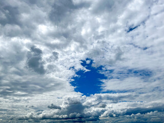 Thick gray clouds with a clear blue sky