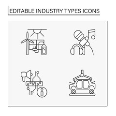 Industries line icons set. Energy, music, information and automotive industries. Services for people. Business concept. Isolated vector illustrations. Editable stroke