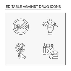  Against drug line icons set. Injections, smoking weed and cigarettes. Unhealthy addictions. Bad habits concepts. Isolated vector illustrations. Editable stroke