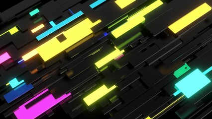 3d render. Abstract dark background neon cubes light bulbs. Visualisation of working ai big data or blockchain technology. Different sizes cubes network flashing multicolor neon light, like night city