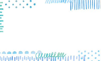水彩画。水彩タッチの落書きイラストフレーム。手描きのドットとラインとストライプ背景。Watercolor painting. Doodle illustration frame with watercolor touch. Hand painted dots and lines and stripes background.