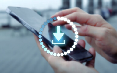 Illustrated Glowing Download - Arrow Icon With Circle Showing Progress, in the background a Smartphone, 5G, Data Transfer, Internet, Network, Connection, Mobile Web