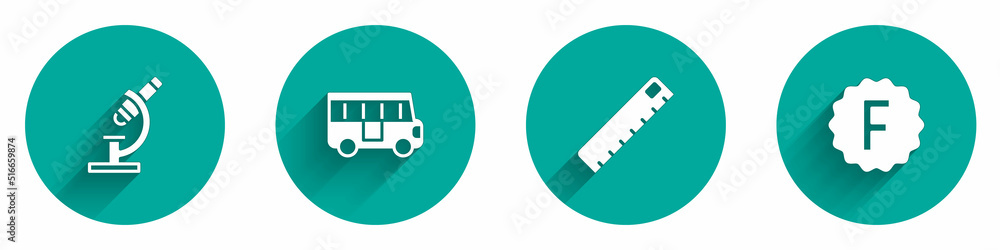 Aufkleber set microscope, school bus, ruler and exam paper with incorrect answers icon with long shadow. vecto