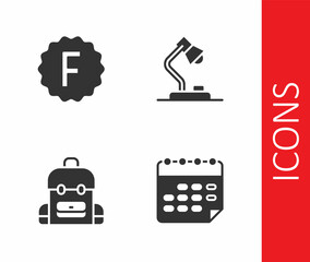 Set School timetable, Exam paper with incorrect answers, backpack and Table lamp icon. Vector