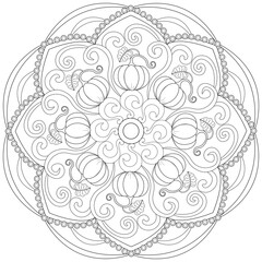 Mandala 53, Thanksgiving day, pumpkins and swirl pattern. Colouring page, vector, object isolated on white background.