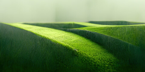 Abstract 3D-illustration illusion of natural stone, grass. Art gallery.  Background of green tones