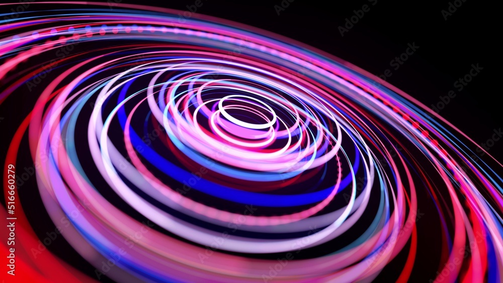 Poster light flow in ring structure, bg. 3d render. abstract background with light trails, stream of red bl