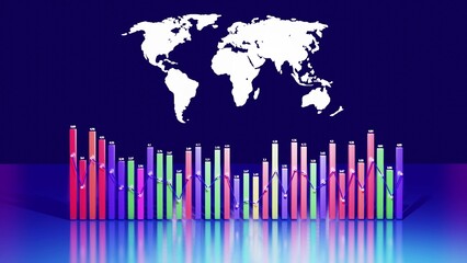 3d render. Abstract beautiful multicolor columns form graph and with the world map form an information panel for analytical theme. Global data, abstract statistics around the world as information bg