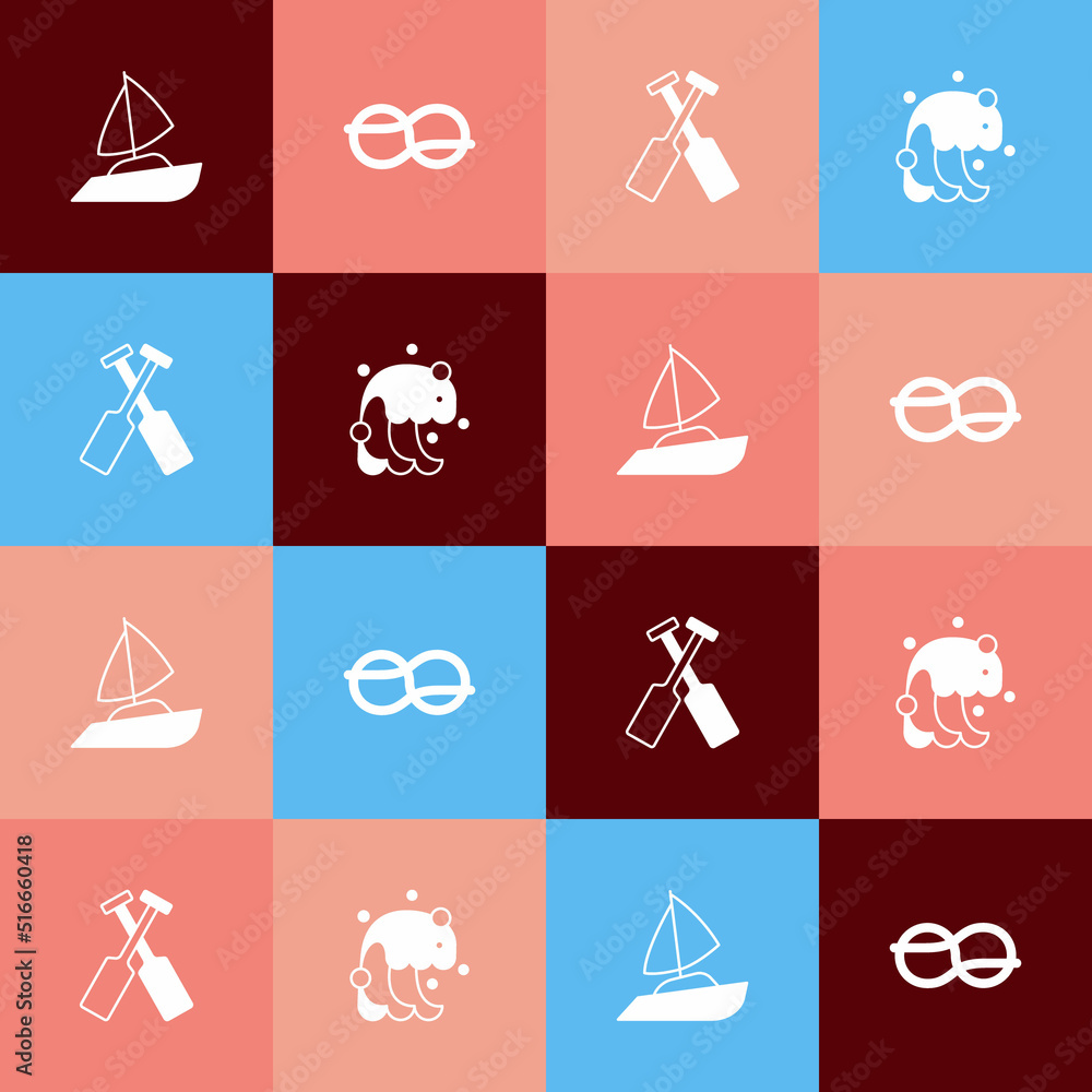 Sticker Set pop art Yacht sailboat, Nautical rope knots, Crossed oars or paddles and Tsunami icon. Vector