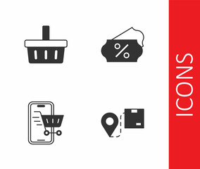 Set Location with cardboard box, Shopping basket, Mobile shopping cart and Discount percent tag icon. Vector