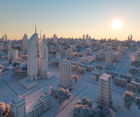 Aerial shot of city streets in paper toy style with shallow dof