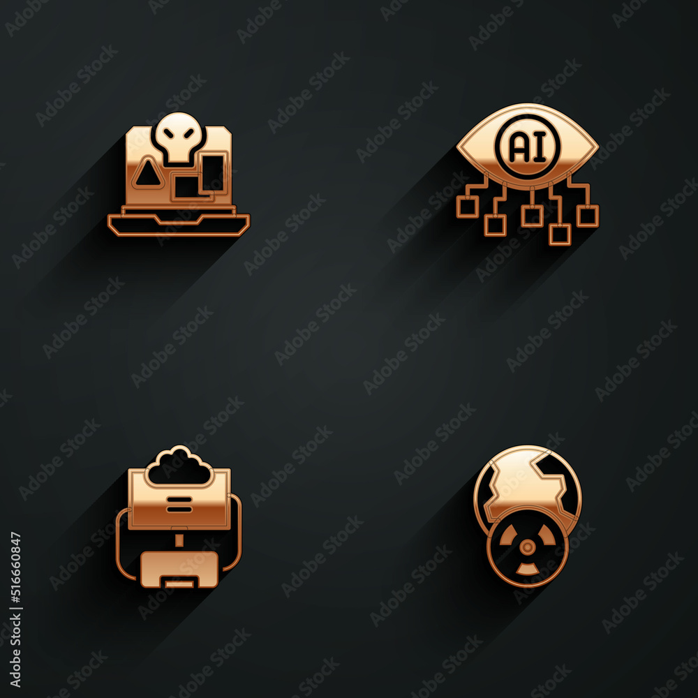 Poster set internet piracy, computer vision, cloud database and planet earth and radiation icon with long s
