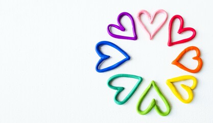 Banner on a white isolated background in the right corner are multi-colored hearts made of plasticine, the colors of the rainbow.  Lgbt symbol, gender equality.  Close-up.