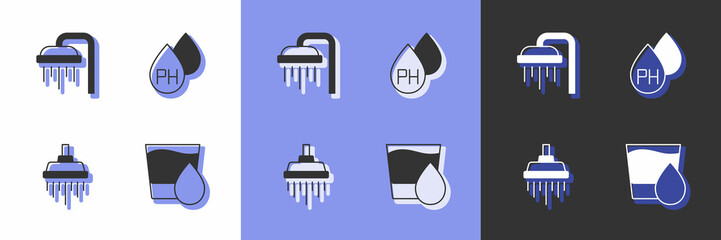 Set Glass with water, Shower, and Water drop icon. Vector