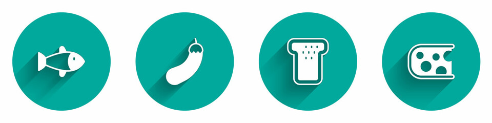 Set Fish, Eggplant, Bread toast and Cheese icon with long shadow. Vector