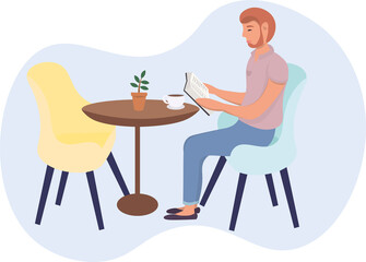 Man reading a book and drinking coffee flat design. Includes a man with red hair and a beard, coffee, a plant, a book, a table and chairs