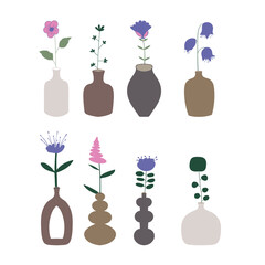 Set of the vases with floral composition. Vector design elements. Floral decor. 