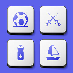 Set Soccer football ball, Fencing, Fitness shaker and Yacht sailboat icon. White square button. Vector