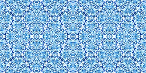 Blue white watercolor azulejo tile border background. Seamless coastal geometrical floral mosaic effect banner. Ornamental arabesque summer fashion repeat edge trim.
