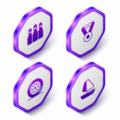 Set Isometric Bowling pin, Medal, Car wheel and Yacht sailboat icon. Purple hexagon button. Vector