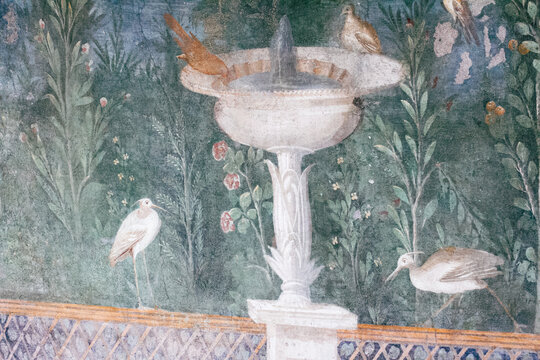 Mural pintado a mano encontrado en el parque arqueológico de Pompeya, Italia.