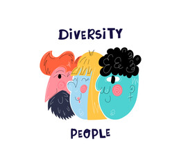 Diversity people concept. Abstract people portraits in hand drawn style.Poster, print, banner.