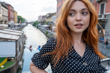 Beautiful Fashionably dressed girl on the streets of Milan - Italy. 