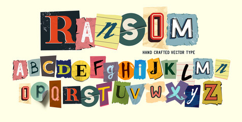random collection of scrap letters, ransom note style. Vector font illustration. - obrazy, fototapety, plakaty