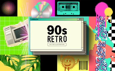 A collection of 1990s retro iconic objects, patterns and textures. Vector illustration