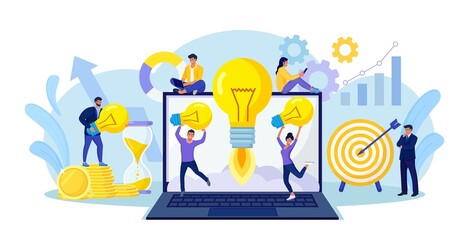 Tiny people develop creative business idea. Big light bulb as rocket on laptop screen. Business meeting and brainstorming, launch startup. Businessmen solve problems and find solutions with teamwork