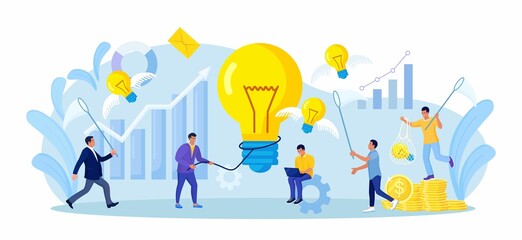 Businessman catches light bulb with lasso, butterfly net. Tiny people develop creative business idea, innovation project. Team analyzes brainstorming method. Businessmen solve problems find solutions