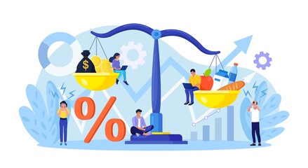 Inflation in economy. Scales with food and gold coins. Goods and services costs more value. Rising food prices. Loss of purchasing power, increase in consumer prices, fall of currency value - obrazy, fototapety, plakaty