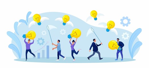 Naklejka premium Business people chasing, catch flying light bulb with butterfly net. Capture new business ideas, search for innovation or creativity, brainstorm, invent new project. Motivated employee seek solution