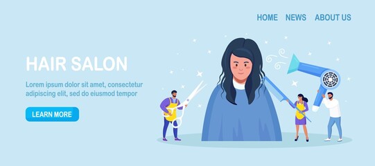 Hair and beauty salon. Hairdressers with professional tools care about hairstyle. Barbers working with clients in hairdressing salon. Hairstylist blow-dry with hairdryer, doing haircuts