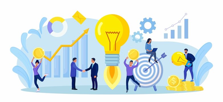 Tiny people develop creative business idea. Big light bulb as metaphor of idea. Business meeting and brainstorming. Businessmen solve problems and find solutions with teamwork.
