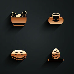 Set Wonton, Soy sauce in bowl, Homemade pie and Chinese tea egg icon with long shadow. Vector