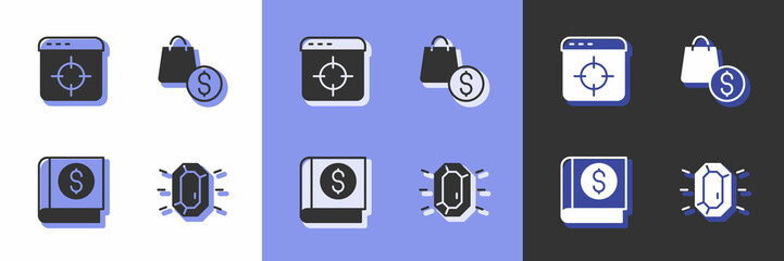 Set Diamond, Target financial goal, Financial book and shopping bag and dollar icon. Vector