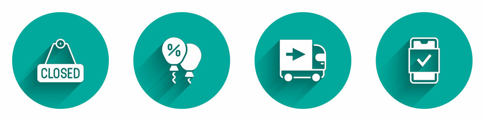 Set Hanging sign with text Closed, Discount percent tag, Delivery cargo truck and Mobile shopping icon with long shadow. Vector