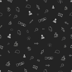 Business hand drawn doodles in white outline on black in dense scattered pattern in square format