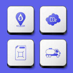 Set Oil drop with dollar symbol, CO2 emissions in cloud, Canister for gasoline and Tanker truck icon. White square button. Vector