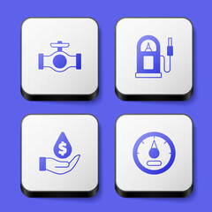 Set Oil pipe with valve, Petrol or gas station, drop dollar symbol and Motor gauge icon. White square button. Vector