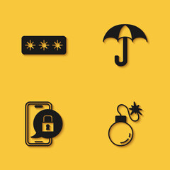 Set Password protection, Bomb, Mobile with closed padlock and Umbrella icon with long shadow. Vector