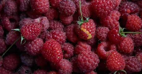 Closeup of ripe organic raspberries, background for postcards and social media use