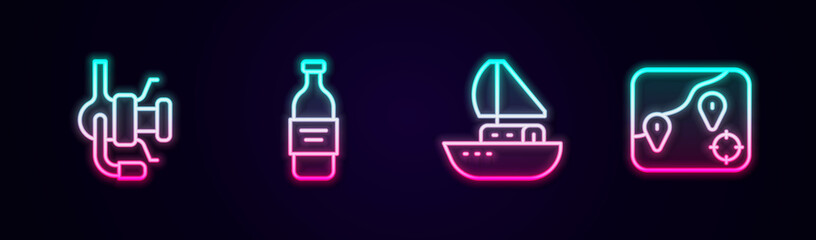 Set line Spinning reel for fishing, Bottle of vodka, Yacht sailboat and Location. Glowing neon icon. Vector