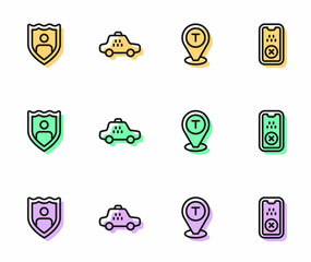 Set line Location taxi car, Life insurance with shield, Taxi and mobile app icon. Vector